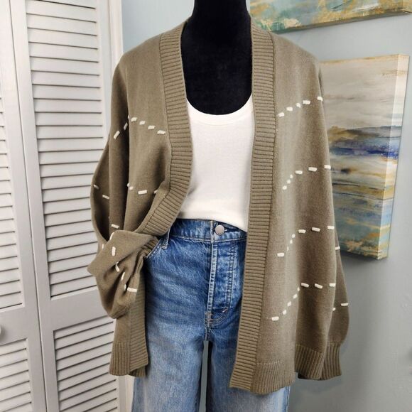 Les Serein Women's Petunia Cardigan Olive Ribbed Open Front Size Large Relaxed - Picture 1 of 7